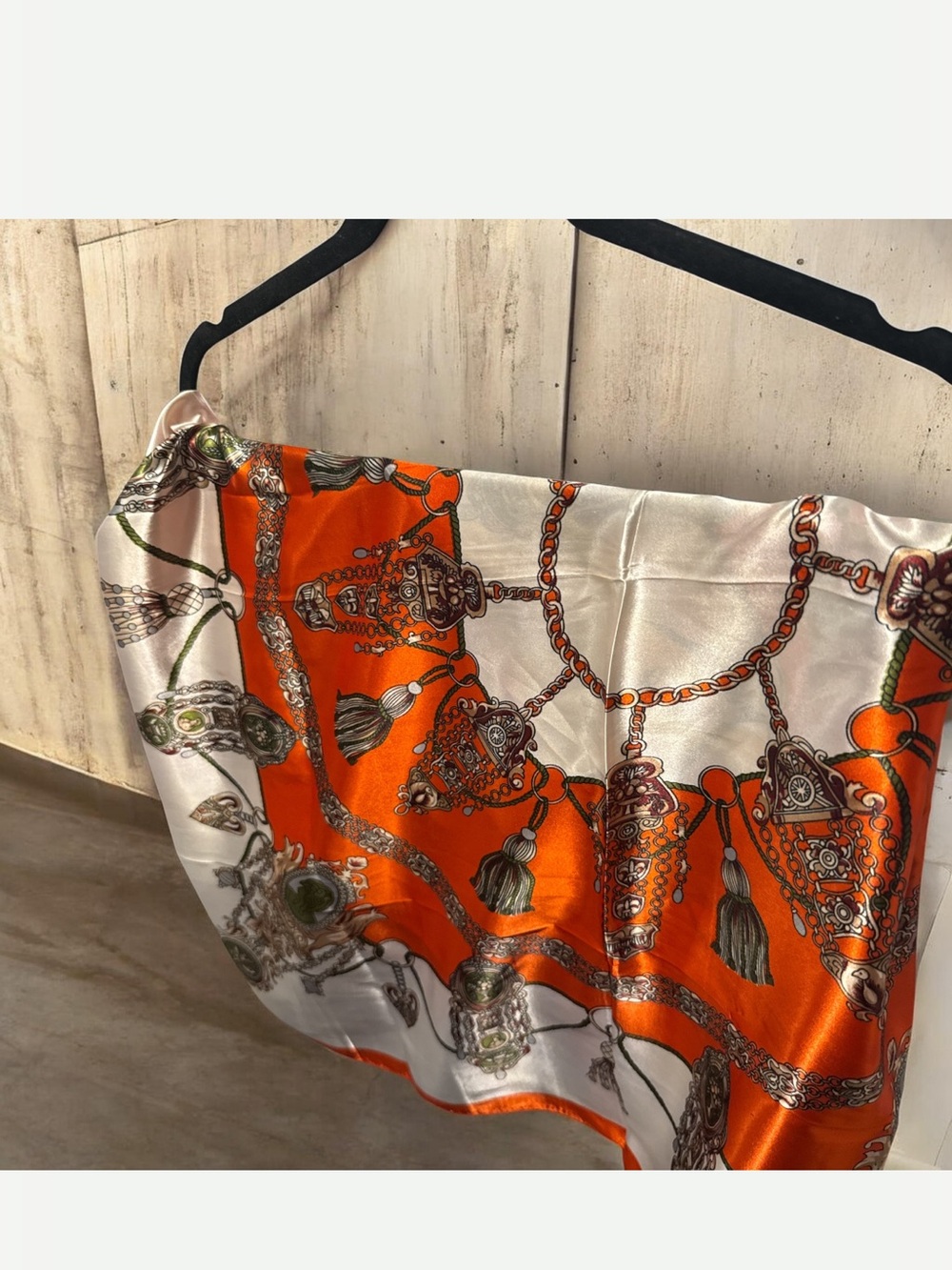 Silk-Feel Orange and White Chain Print Scarf